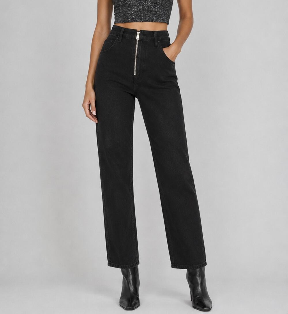 FRAME Le Super High Black Straight Leg Exposed Zip Jeans Women's 24 NWT